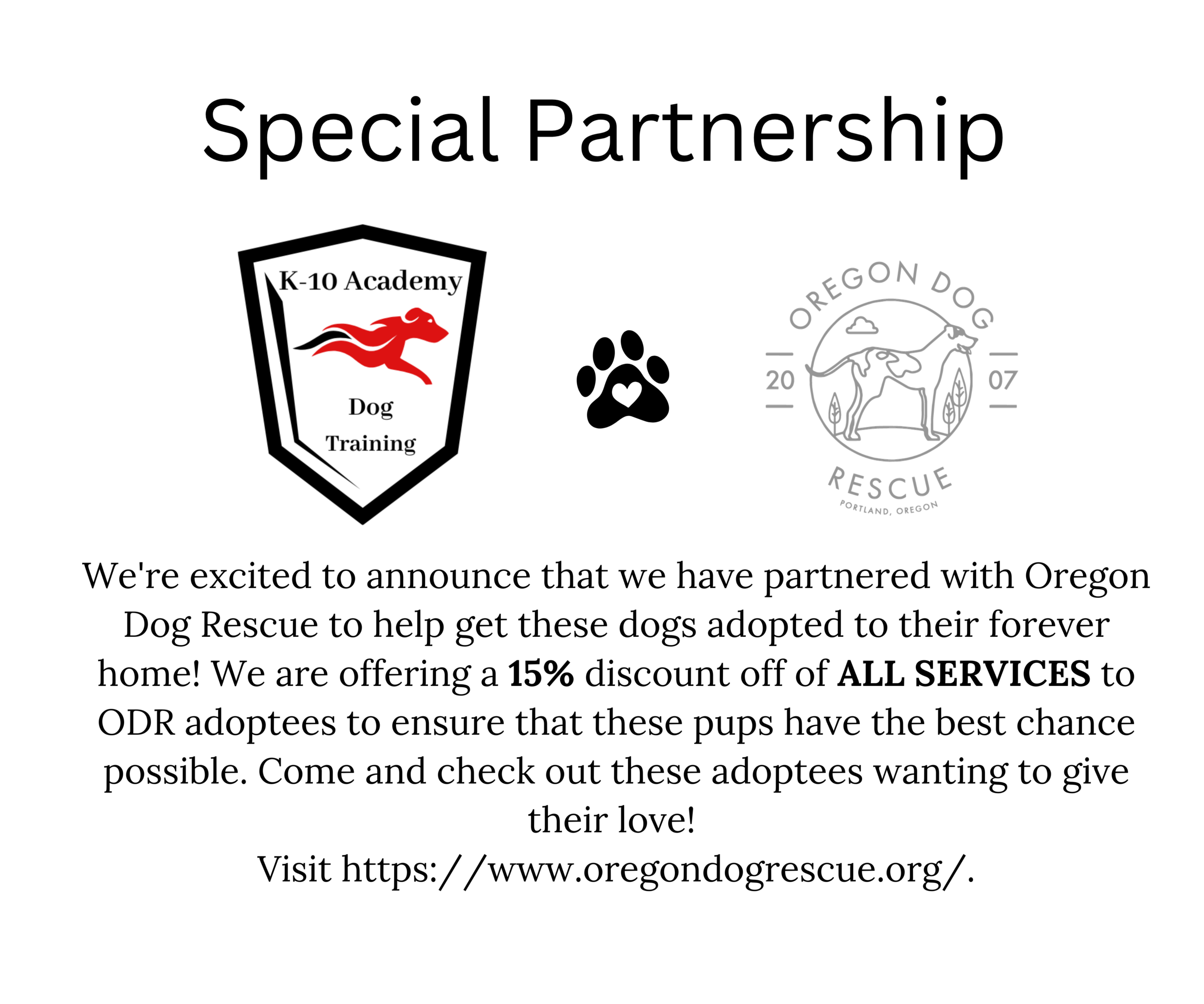 K10 Academy and Oregon Dog Rescue partnership — 15% discount for ODR adoptees