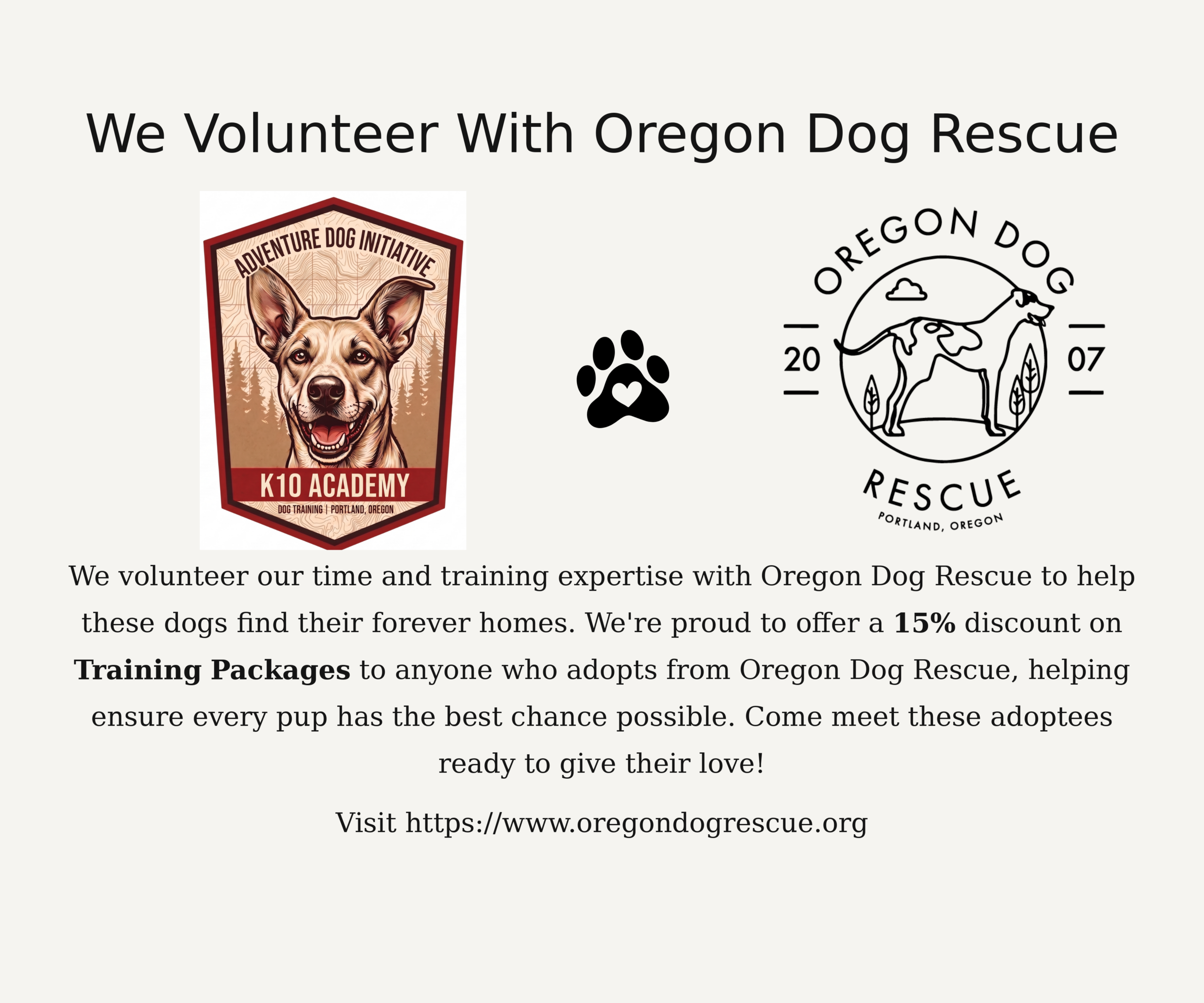 K10 Academy volunteers with Oregon Dog Rescue — 15% training discount for ODR adoptees